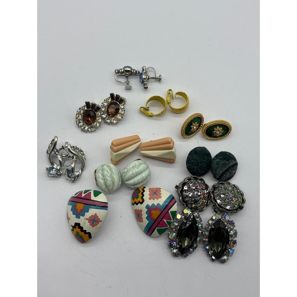 Vintage Clip On Screw Back Earring Lot 11 Pairs Rhinestone Enamel Geometric